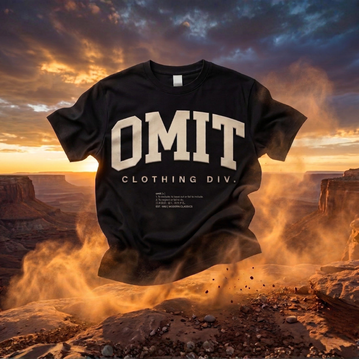 OMIT Daily Heavy tee — 220 GSM GOTS-certified organic cotton, sand-in-the-hair Burleigh dawn weight, shown in black
